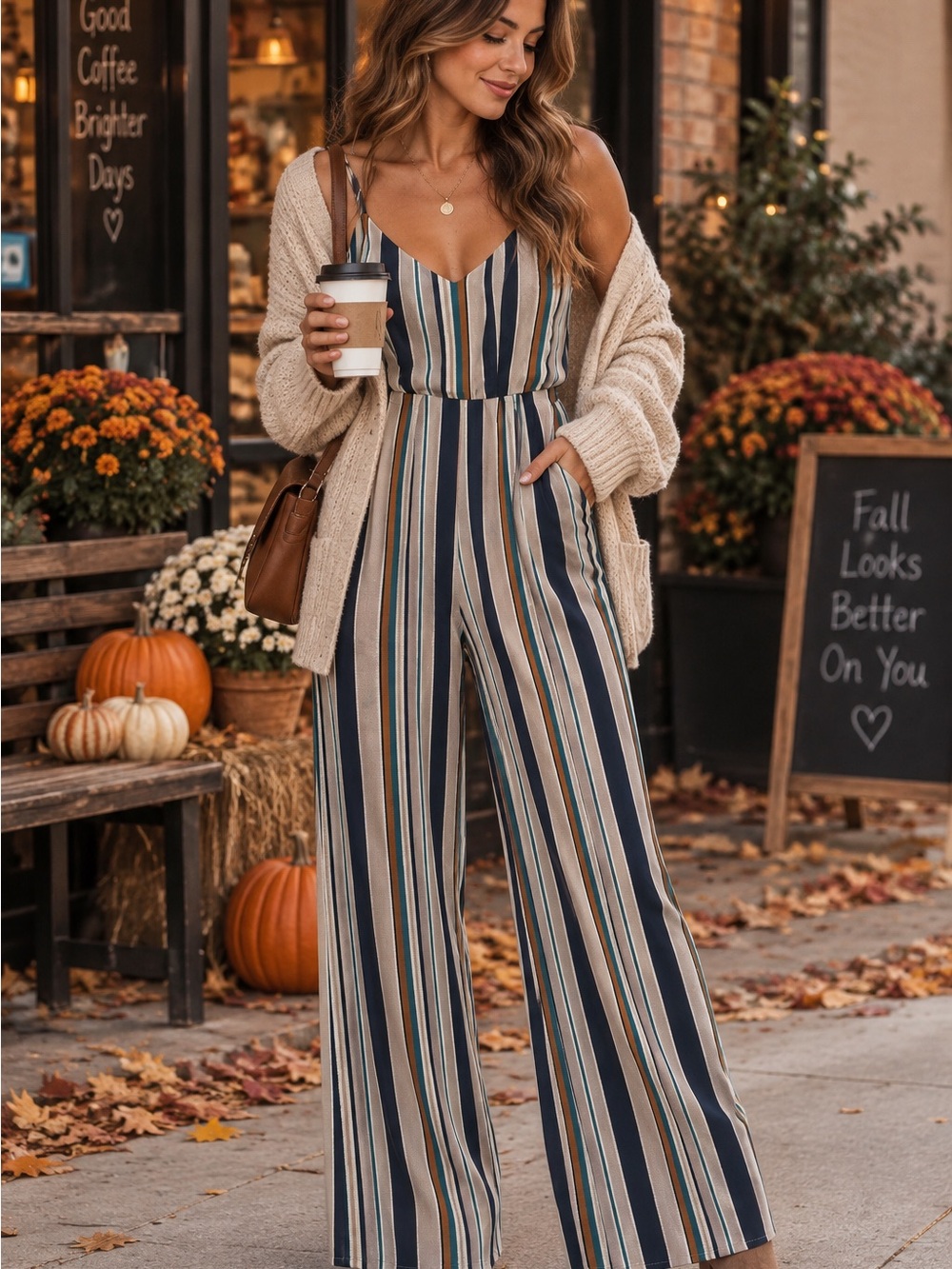 Monteau Navy, Taupe & Cream Striped Wide-Leg Jumpsuit